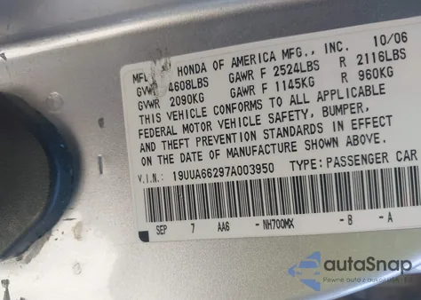 2007 Acura Tl 3.2 из США, поврежденный, VIN 19UUA66297A003950